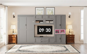 English Elm Twin Murphy Wall Bed with Integrated Tv Stand Open Shelving and Cabinet Storage LP000768AAE