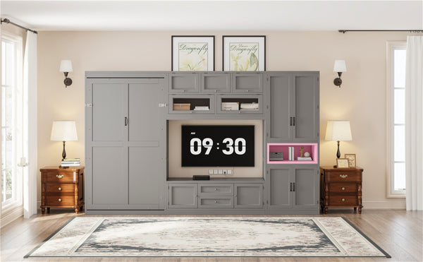 English Elm Twin Murphy Wall Bed with Integrated Tv Stand Open Shelving and Cabinet Storage LP000768AAE
