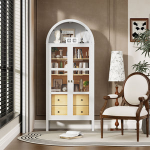 English Elm Modern Arched Cabinet with Sensor Light, 72" Tall White Oak Display Cabinet with Adjustable Shelves, 2 Drawers, Farmhouse Style Elegance for Living Room and Kitchen T3210P394057