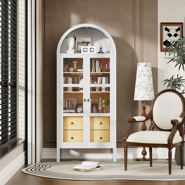 English Elm Modern Arched Cabinet with Sensor Light, 72" Tall White Oak Display Cabinet with Adjustable Shelves, 2 Drawers, Farmhouse Style Elegance for Living Room and Kitchen T3210P394057