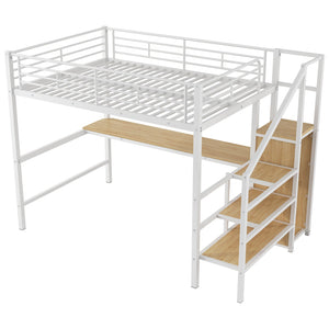English Elm Full Size Metal Loft Bed With Desk, Storage Staircase, Wardrobe & Led Light For Small Spaces GX000620AAK-1