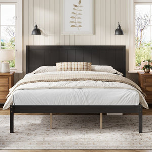 English Elm Platform King Bed Solid Pine Panel Headboard Wood Slat Base Modern Bedroom Frame Espresso N709P425341P