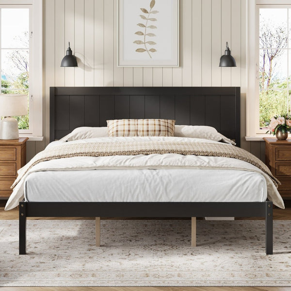 English Elm Platform King Bed Solid Pine Panel Headboard Wood Slat Base Modern Bedroom Frame Espresso N709P425341P