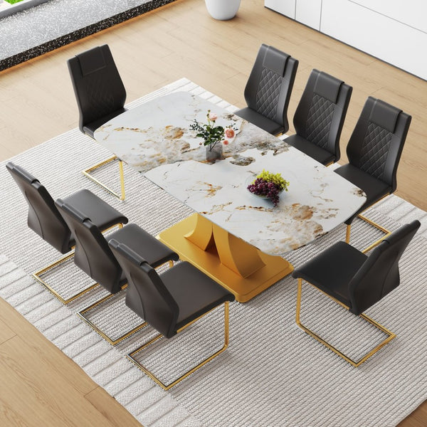 English Elm Table Set: Luxurious 71" Pandora Glass Dining Table With Golden Legs & 8 Stylish Black Pu Chairs W1151S03226-GIGA