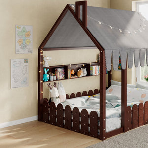 English Elm {slats Are Not Included} Twin Montessori House Floor Bed Kids Tent Lights Shelves Pinewood Frame Espresso N708P407963P