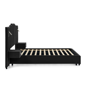 English Elm Queen Velvet Platform Bed with Tufted Headboard Integrated Nightstands and Striped Design Black W487S00441