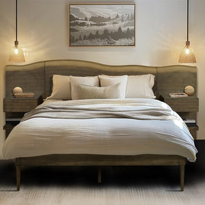 English Elm Platform Queen Bed with Live-Edge Headboard, Built-In Nightstands & Drawers, Dark Coffee Finish 600lb Capacity B035S00059