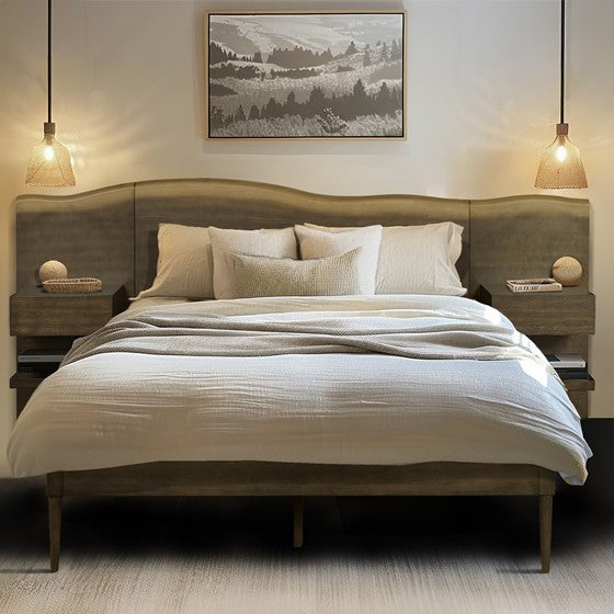 English Elm Platform Queen Bed with Live-Edge Headboard, Built-In Nightstands & Drawers, Dark Coffee Finish 600lb Capacity B035S00059