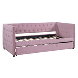 English Elm Twin Size Tufted Upholstered Daybed With Trundle, Velvet Sofabed With Rivet Design, No Box-Spring Needed,Pink