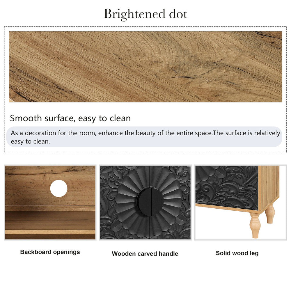 English Elm Black Carved Symmetrical Design Door with Wood-Colored Frame for TV Stand Entryway Accent,68x19x7 W1445P164172