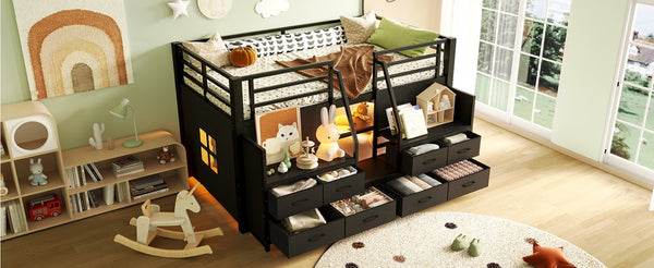 English Elm Twin Low Loft Bed with Shelves Fabric Drawers and Under Bed Study Nook Metal Frame Black W5305S00043