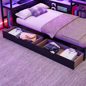 English Elm Twin Gaming Daybed with Led Strips Desk Pegboard Bookcase and Three Storage Drawers Purple+Black N820S00083I