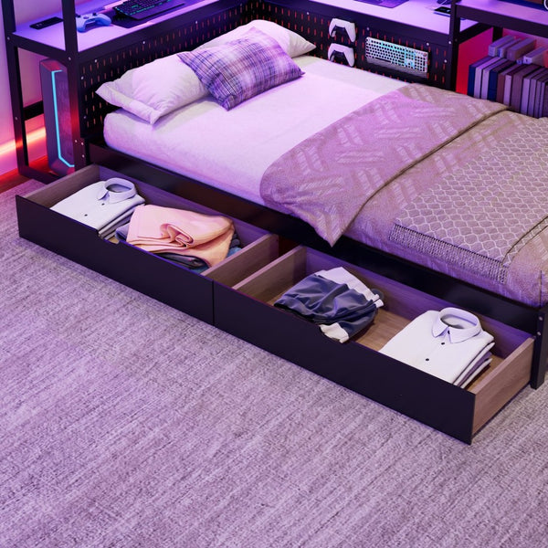 English Elm Twin Gaming Daybed with Led Strips Desk Pegboard Bookcase and Three Storage Drawers Purple+Black N820S00083I