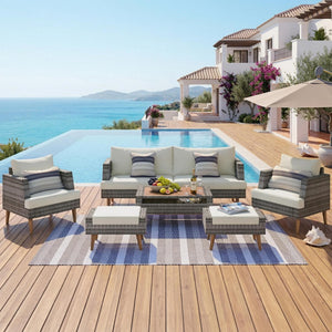 English Elm <old Old Sku Pe Wicker Six Piece Patio Conversation Set Acacia Wood Cushioned Outdoor Sofa Gray+Beige N704G201219A
