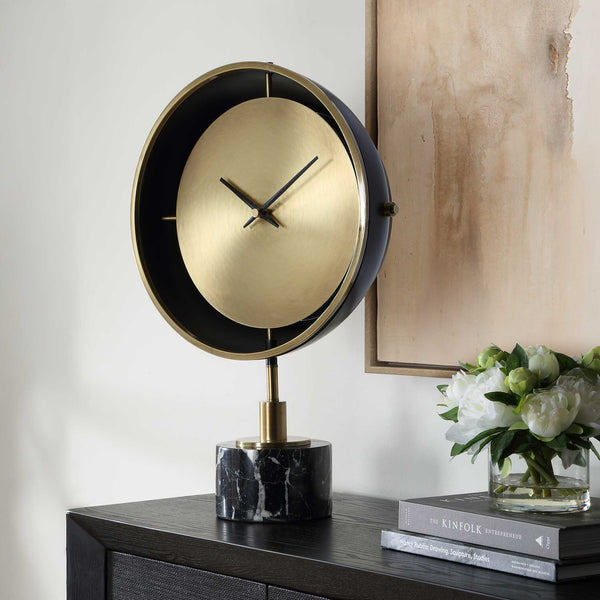 Uttermost Velar Brushed Brass and Black Marble Quartz Clock for Modern Interiors