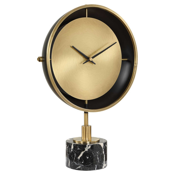 Uttermost Velar Brushed Brass and Black Marble Quartz Clock for Modern Interiors