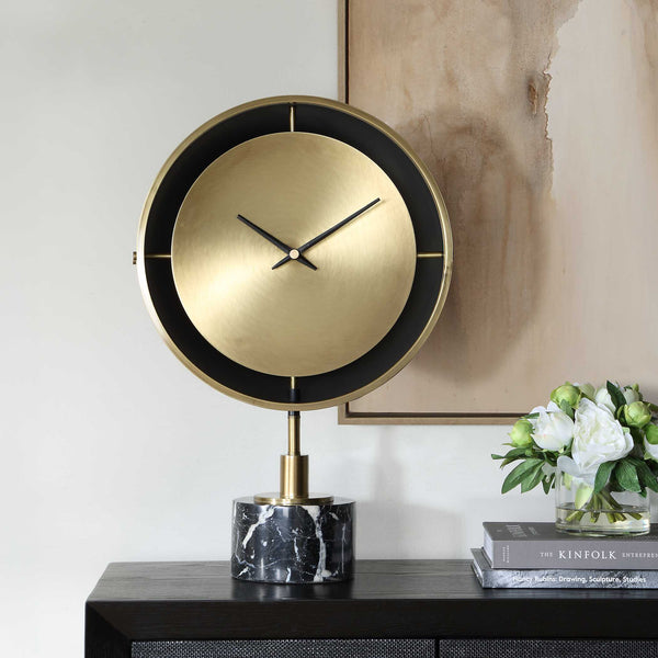 Uttermost Velar Brushed Brass and Black Marble Quartz Clock for Modern Interiors