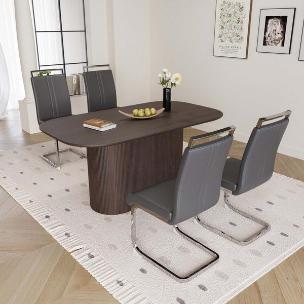 English Elm 63" Modern Brown Mdf Dining Table Set With 4 Pu Leather Chairs & Silver Legs – Stylish & Durable! W2189S00673