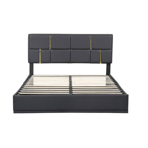 English Elm 2-Pieces Queen Upholstered Platform Bed with Hydraulic Lift and Spacious Storage Ottoman, Elegant Gold Trim Black 50 L x 16 W x 13 H N733S207778B