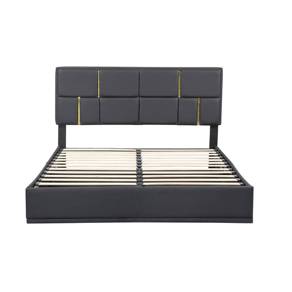 English Elm 2-Pieces Queen Upholstered Platform Bed with Hydraulic Lift and Spacious Storage Ottoman, Elegant Gold Trim Black 50 L x 16 W x 13 H N733S207778B