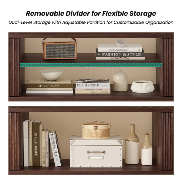 English Elm Modern Low Profile Media Console with Open Shelving and Concealed Cabinet Storage Walnut T3623P435419