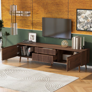 English Elm Mid Century TV Stand Walnut Finish with 2 Drawers, Cable Management, Solid Wood Legs, 80'' Safe Storage and Style N710P222772P
