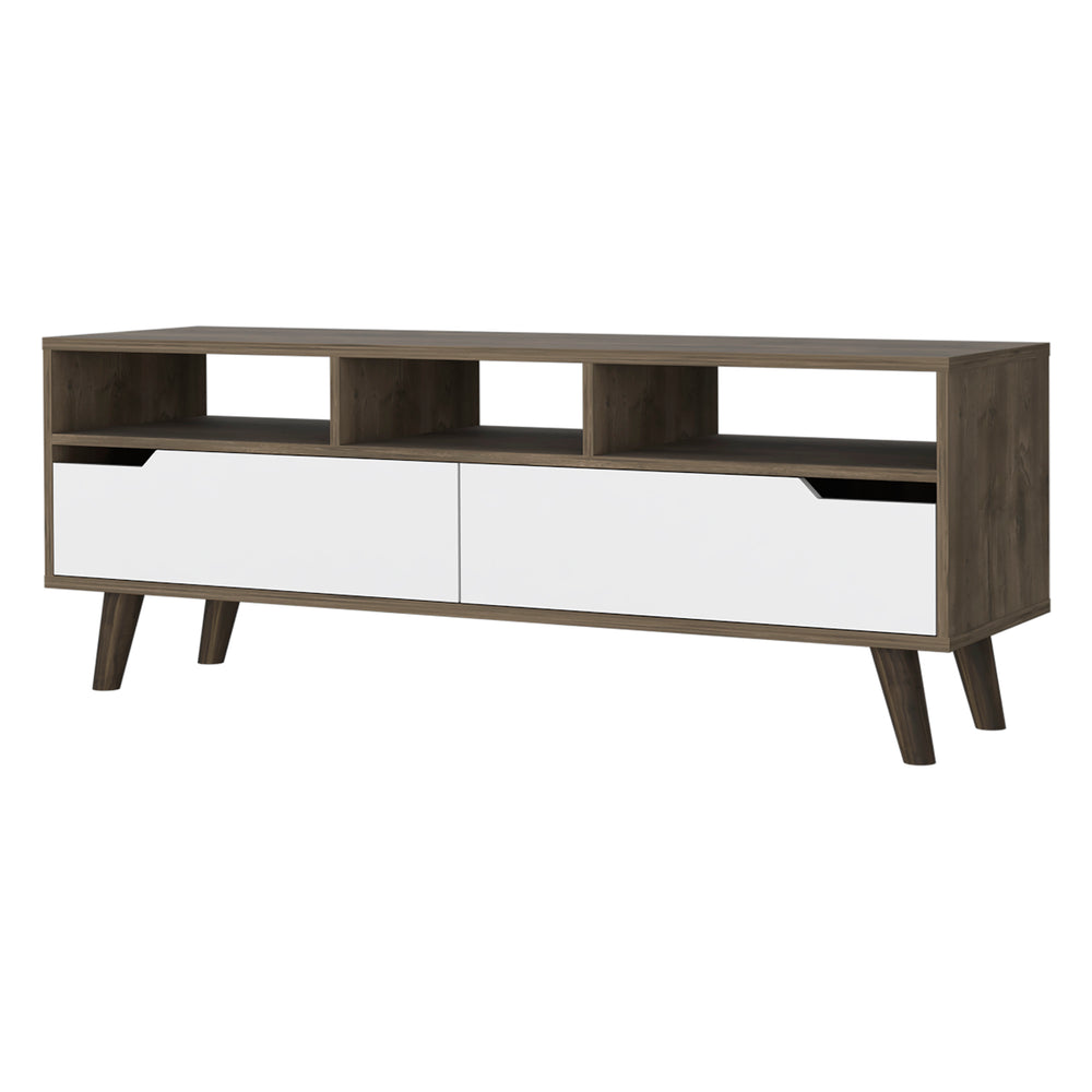 English Elm Hamburg Modern TV Stand for TVs up to 60" — Dark Walnut-White, 3 Open Shelves, 2 Cabinets, 4 Legs B128P148920
