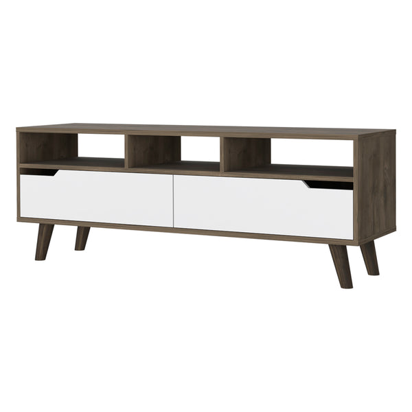 English Elm Hamburg Modern TV Stand for TVs up to 60" — Dark Walnut-White, 3 Open Shelves, 2 Cabinets, 4 Legs B128P148920