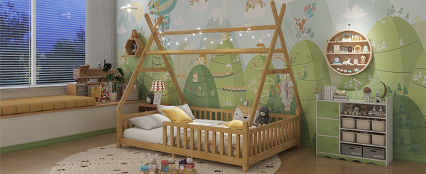 English Elm Twin Montessori Floor Bed House Frame with Led Lighting and Safety Rails for Kids Natural W2593P440591