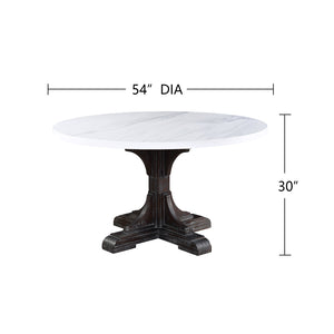 English Elm Round Elegant Pedestal Dining Table with White Faux Marble Top and Weathered Espresso Carved Base B016S00013