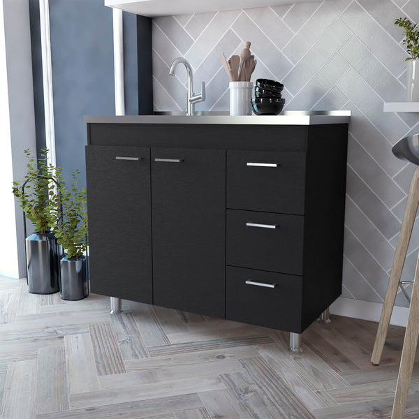 English Elm Darien Melamine Base Cabinet with Stainless Steel Top, Faucet Hole, 3 Drawers & Double Door Storage B128S00005