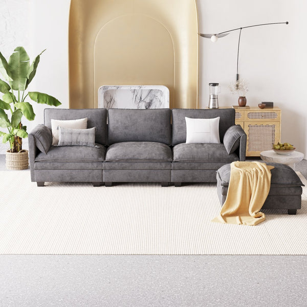 English Elm 107.8'' Large L-Shaped 3-Seater Sofa With Movable Ottoman & Pockets - Modern Comfort For Any Space W680S00046