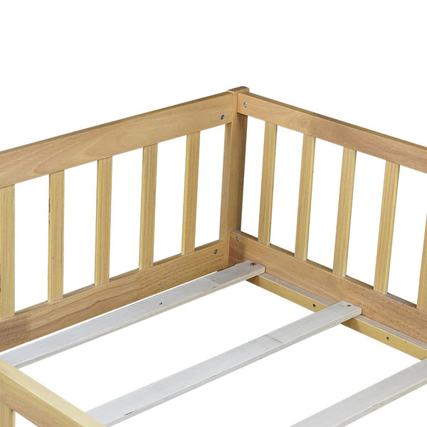English Elm Twin Rubberwood Montessori Floor Bed with Safety Guardrails for Toddler Bedrooms W504P370520