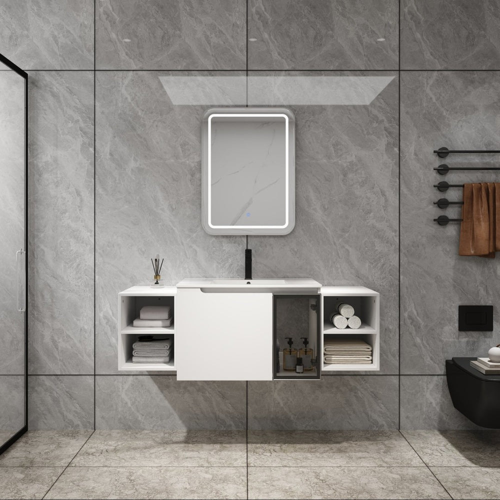 English Elm 54" Floating Bathroom Vanity Glossy White Plywood Cabinet with Ceramic Sink Grey Glass Door W999S00530