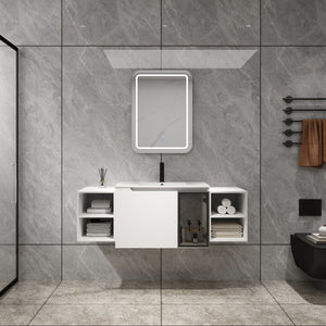 English Elm 54" Floating Bathroom Vanity Glossy White Plywood Cabinet with Ceramic Sink Grey Glass Door W999S00530