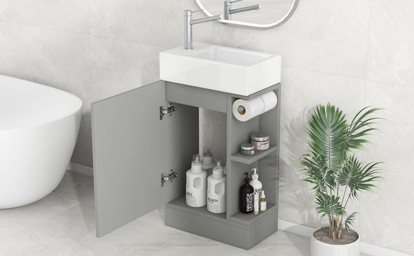 English Elm 18.6" Bathroom Vanity with Sink and Ceramic Top, MDF Cabinet with Door, TP Holder & Shelf Grey N725P212181E