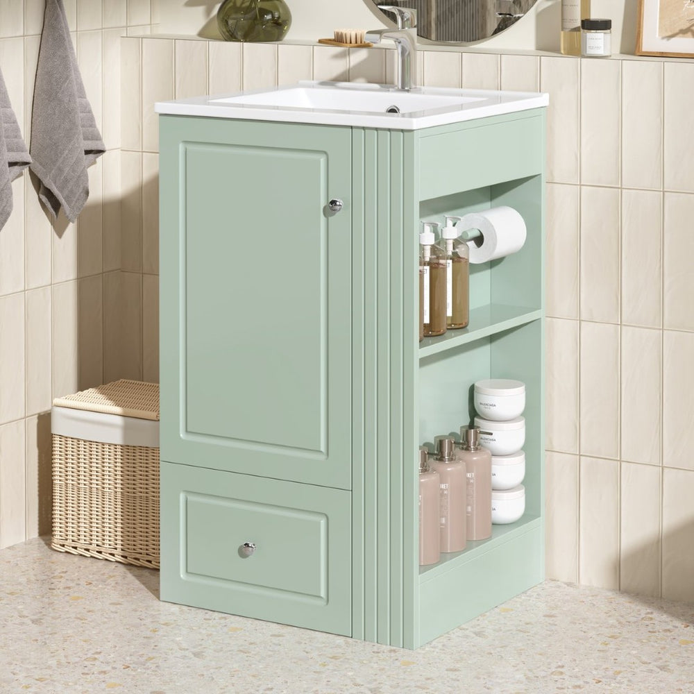 English Elm 20" Freestanding Bathroom Vanity Mdf Cabinet Ceramic Sink Open Shelves Powder Room Green N725P364210F