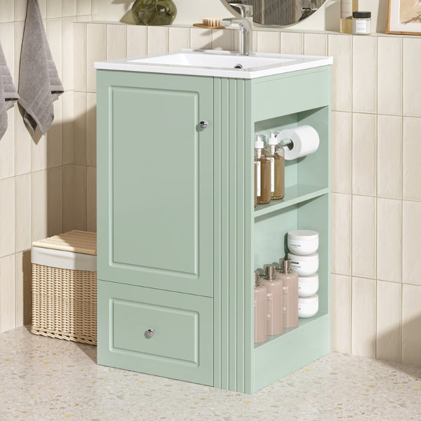 English Elm 20" Freestanding Bathroom Vanity Mdf Cabinet Ceramic Sink Open Shelves Powder Room Green N725P364210F