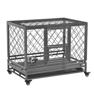 English Elm Pawhut Steel Dog Kennel with Lockable Wheels Slide Out Tray and Dual Entry Doors W2225P217160