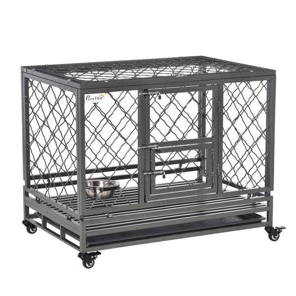 English Elm Pawhut Steel Dog Kennel with Lockable Wheels Slide Out Tray and Dual Entry Doors W2225P217160