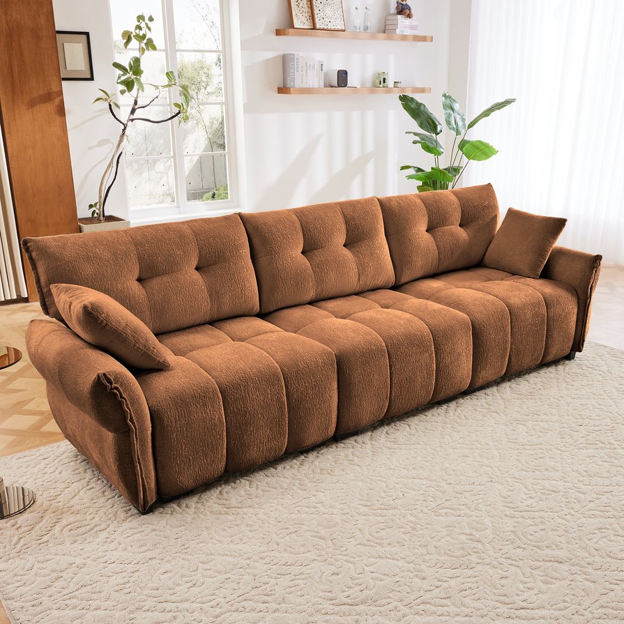 English Elm 3-Seater Sofa In Burnt Orange With 2 Pillows - Textured Chenille, Solid Wood Frame, Modular Design W714S01172
