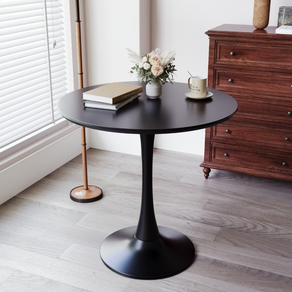 English Elm 31.5" Round Black Mdf Dining Table Tulip Pedestal Base Mid-century Modern Small Spaces W3732P434886