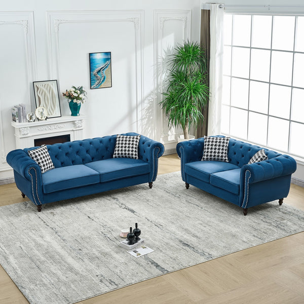 English Elm 3+2 Seater Chesterfield Velvet Sofa Set - Elegant Blue Upholstery, Roll Armrests & Nailhead Trim W3373S00052
