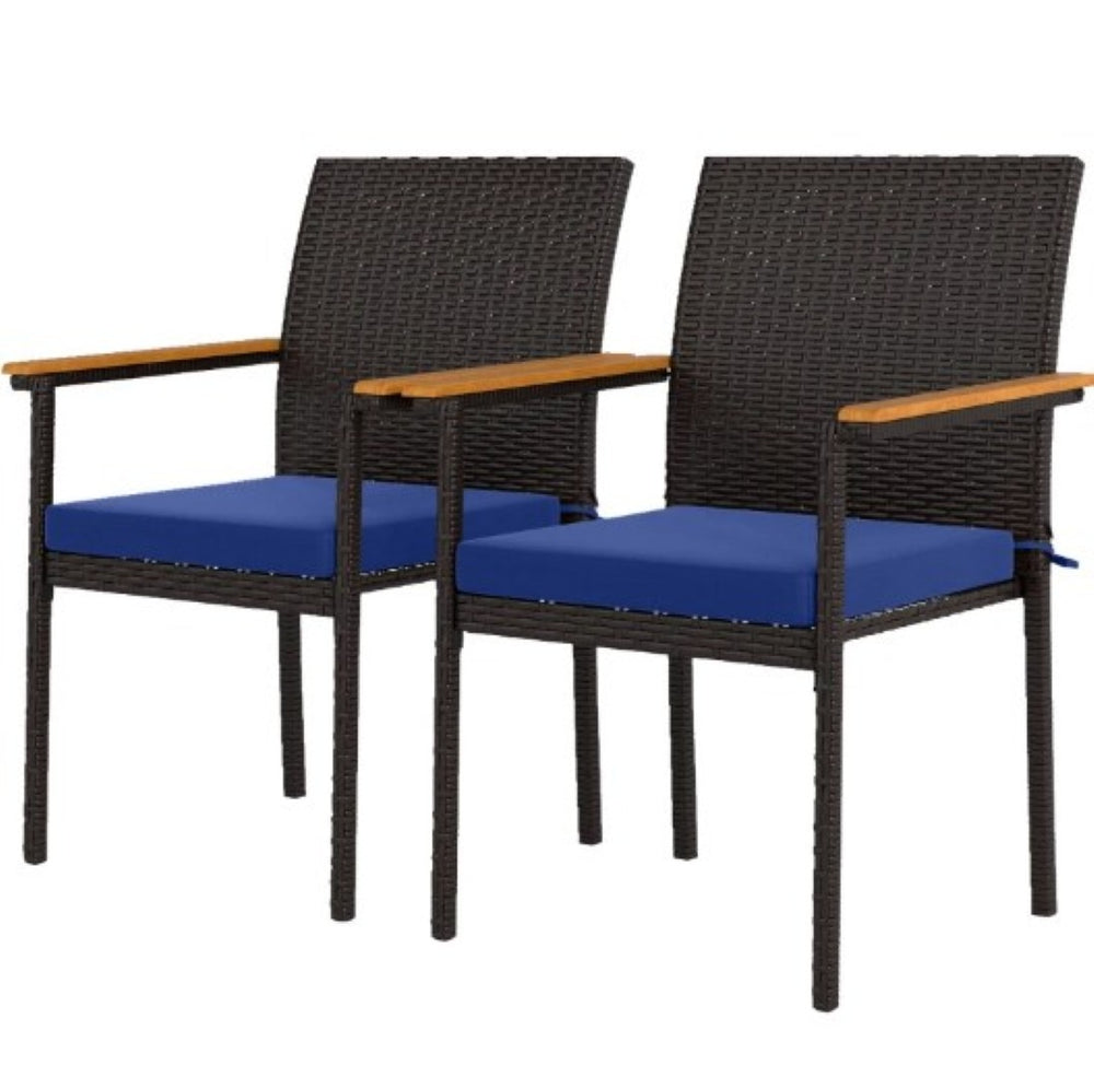 English Elm Set of 2 Stackable Pe Rattan Outdoor Dining Chairs with Acacia Armrests and Cushions T3971P430526