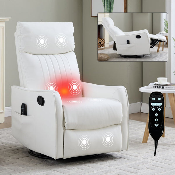 English Elm Beige Fabric Swivel Rocker Recliner with Massage Nodes and Lumbar Heat for Living Room White W1803P363432