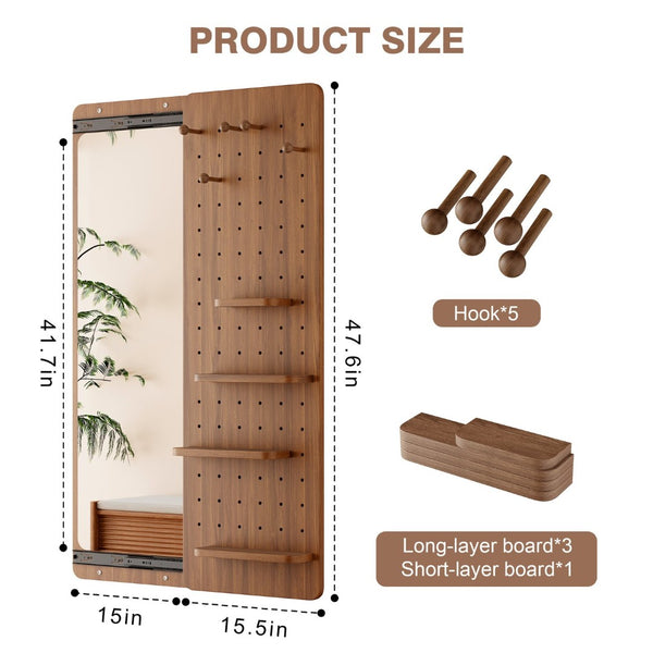 English Elm 47.6 Inch Sliding Full Length Mirror with Hidden Rubber Wood Storage Panel for Bedroom W2987P289181