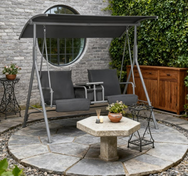 English Elm Patio Freestanding Two Seat Swing with Canopy Cupholders and Hidden Storage Tray T3971P418063