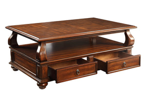 English Elm Walnut 4-Drawer Coffee Table with Shelf — Spacious Storage, Felt-Lined Drawers, Classic Walnut Finish B062P209056