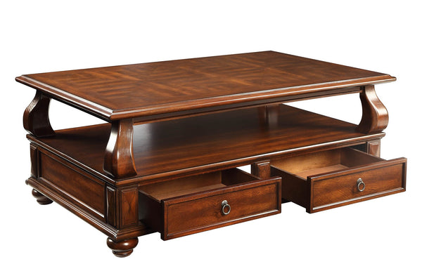 English Elm Walnut 4-Drawer Coffee Table with Shelf — Spacious Storage, Felt-Lined Drawers, Classic Walnut Finish B062P209056