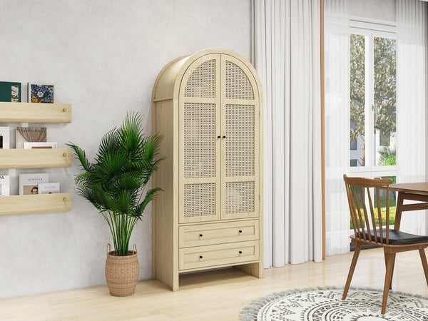 English Elm 70.28" Tall Arched Kitchen Pantry - Elegant Storage Cabinet With Adjustable Shelves & Rattan Door Design W688P204449